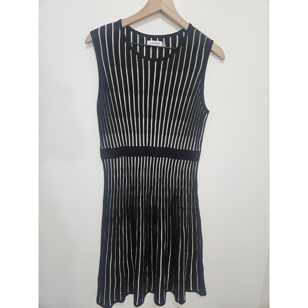 Calvin‎ Klein Womens Black White Striped Sleeveless Fit and Flare Knit Dress Med